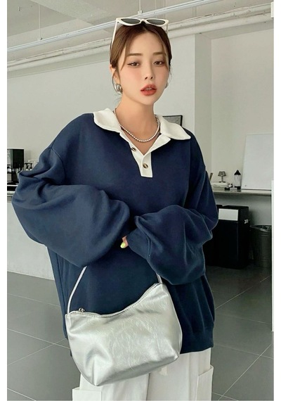 Nimas Kadın Oversize Polo Yaka 3 İplik Şardonlu Sweatshirt Lacivert - 675774194 Lacivert