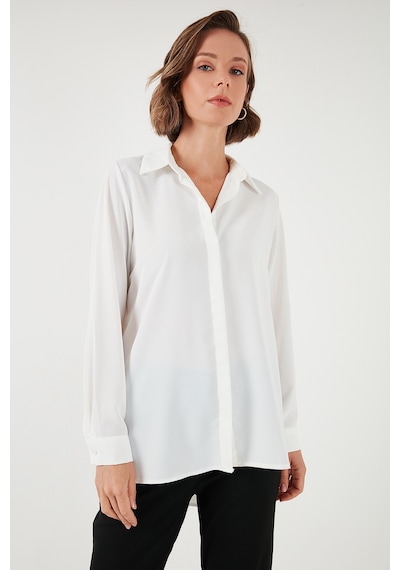 Lela Regular Fit Önü Kısa Arkası Uzun Düz Bayan Gömlek 611Go020 Ekru