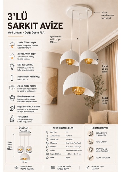 Beton Görünümlü 3'lü Sarkıt Avize Bohem Modern İskandinav Salon Yemek Masası Rustik Led Ampul Hediyeli Beyaz