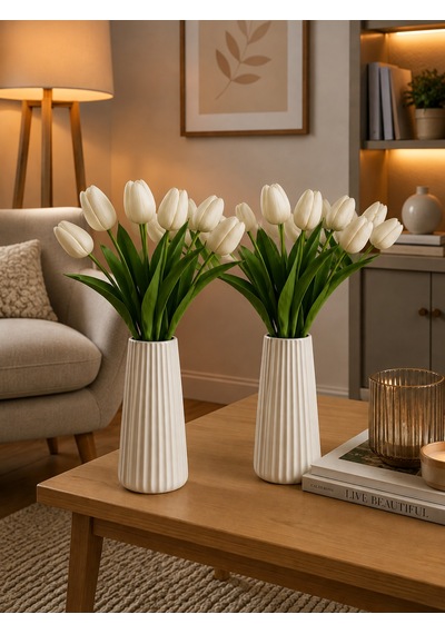 2'li Modern Dekorasyon İçin Şık Beyaz Çizgili Seramik Çiçek Vazo 19cm - Minimal Ve Zarif Vazo Modeli