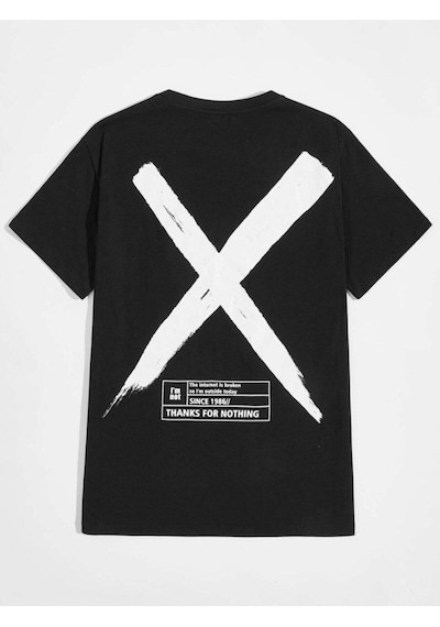 Erkek Siyah Oversize X Baskılı T-shirt Siyah