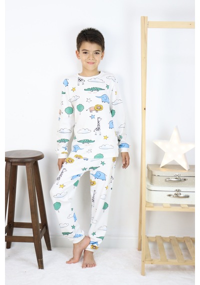 Harika Kids Erkek Çocuk Baskılı İnterlok Kumaş Uzun Kollu Pijama Takımı Beyaz