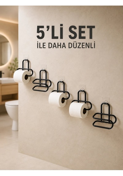 Mey İthalat Yapışkanlı Tuvalet Kağıdı Askısı Siyah Metal Delmeden Montaj Wc Kağıtlık 5 Adet Çok Renkli