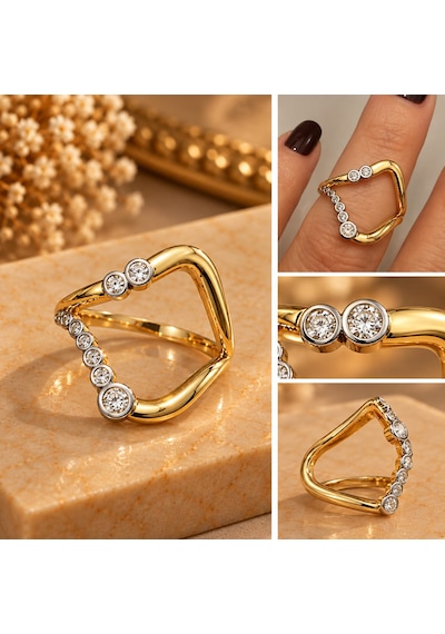Asimetrik Kesin Zirkon Taşlı Yüzük Paslanmaz Çelik Gold
