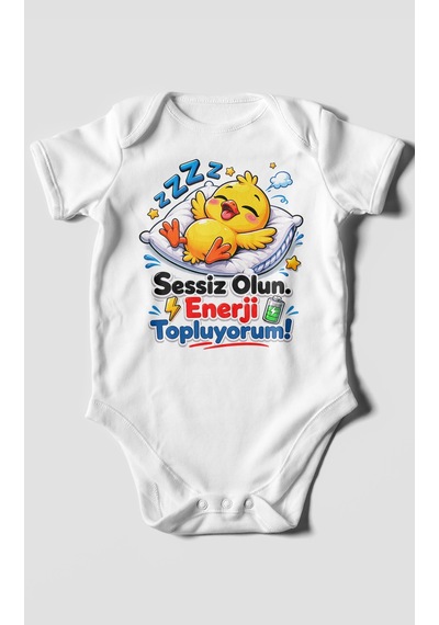 Morivokids Sessiz Olun, Enerji Topluyorum Kısa Kollu Bebek Body %100 Pamuk Beyaz