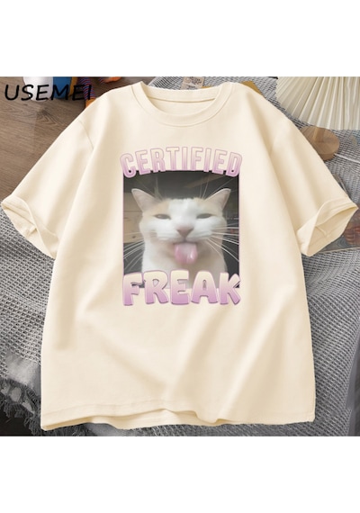Flood Of Style Sertifikalı Freak Komik Kedi Meme T-shirt Adam Kısa Kollu Tişört Erkek Tshirt Erkek Giysileri Haki