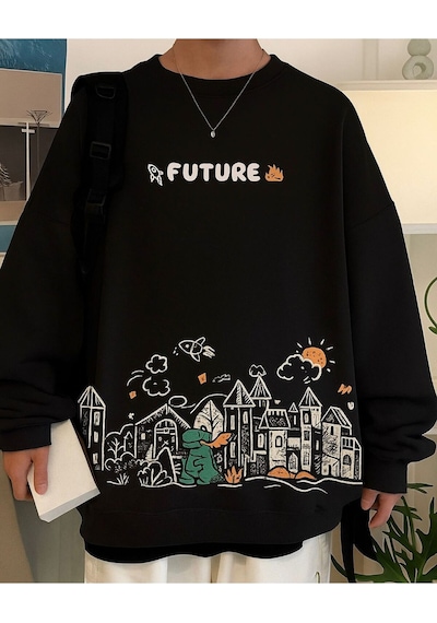 Benroma 3 İplik Penye Future Baskılı Unisex Sweatshırt SIYAH