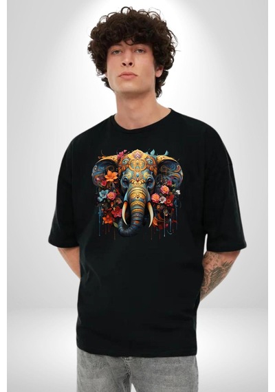 Bereket Fil Hintli Tasarım Pamuklu Bisiklet Yaka Unisex Oversize Boyfriend Dijital Baskılı Siyah T-shirt Siyah