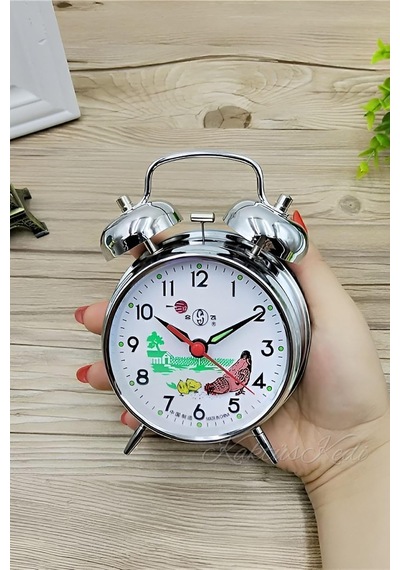 Nostaljik Kurmalı Tavuklu Guguklu Metal Masa Saati Mekanik Alarmlı Çalar Saat Gri, 7480000717539 0240-beyaz-şekilli-48cm
