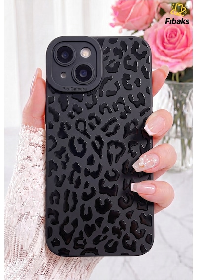 Fibaks iPhone 13/14 Uyumlu Kılıf Mat Siyah Hologramlı Leopar Desenli Kamera Korumalı Yumuşak Silikon Kapak