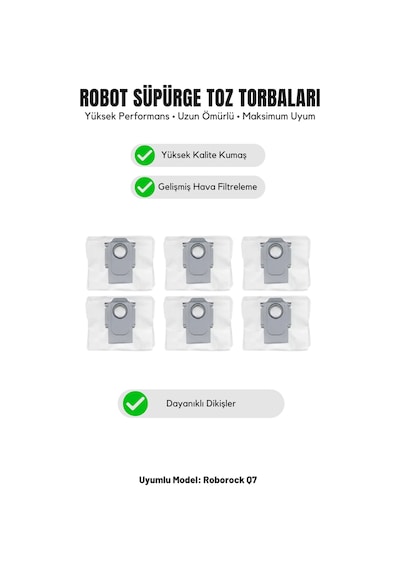 Roborock Q7 İle Uyumlu 6 Adet Toz Torbası 80.0