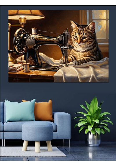 Ahşap Tablo Dikiş Makinesi Ve Meraklı Kedi