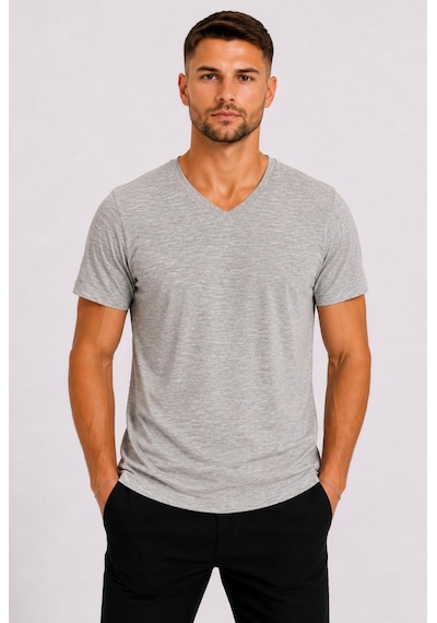 Axxel Erkek Toprak Melanj Pamuklu V Yaka Kısa Kollu T-shirt-d804