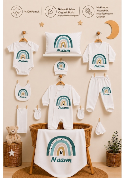Pia Baby Erkek Bebek Yenidoğan Hastane Çıkışı 11 Parça %100 Pamuk Organik Baskılı İsimli Set 1092110x Ekru