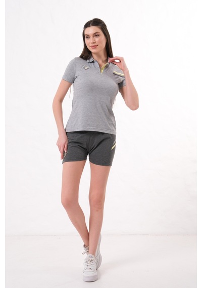 Kadın Polo Yaka T-shirt Takımı Rahat Kesim Yazlık Günlük Kombin Gri Melanj