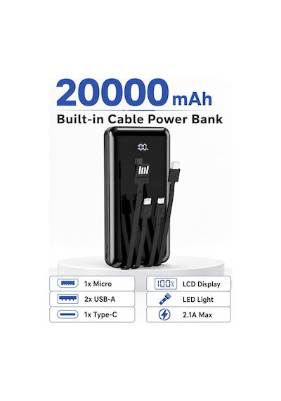 20000mah Dahili Çoklu Kablolu Powerbank, Dijital Göstergeli Taşınabilir Şarj Cihazı, Yüksek Şarj Kapasiteli, Ofis Okul Seyahat Kamp İçin Hızlı Şarj Destekli Type-c Lightning Uyumlu Powerbank 20000mah Dahili Çoklu Kablolu Powerbank, Dijital Göstergeli Taşınabilir Şarj Cihazı, Yüksek Şarj Kapasiteli, Ofis Okul Seyahat Kamp İçin Hızlı Şarj Destekli Type-c Lightning Uyumlu Powerbank