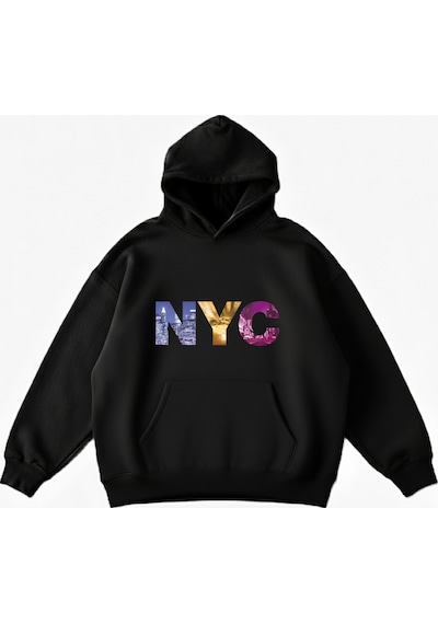Maki Home Makiteks Siyah Pamuklu Unisex Cepli Kapüşonlu Rahat Kesim New York City Nyc Baskılı Sweatshirt SiYAH