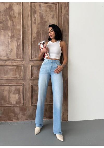 Kadın Straight Yüksek Bel Boru Paça Kot Pantolon Açık Mavi Mavi+açık Mavi