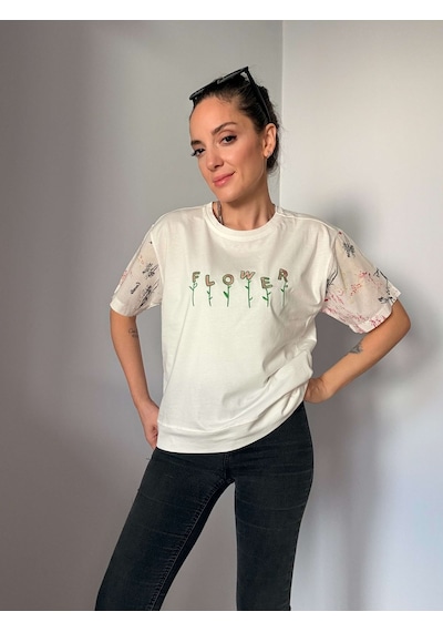 Ali Butik Ekru Flower Baskılı Tişört Ekru
