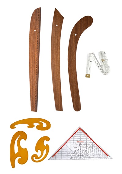 6 Parça Set 3 Lü Modelist Riga Cetvel Seti, Modelist Gönyesi, Pistole Cetvel Ve 150 Cm Mezura Ahşap