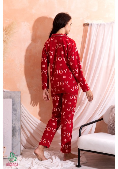 Nisanca Kışlık Yılbaşı Desenli Kadın Gömlek Polar Pijama Takımı- Geyikli Yılbaşı Pijaması Kırmızı