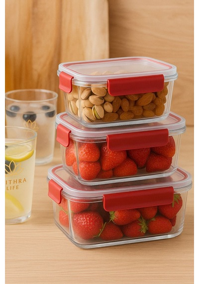 Mithra Life 3 Adet Vakumlu Sızdırmaz Saklama Kabı Seti 375ml 900ml 1700ml Mıt1163 Kırmızı
