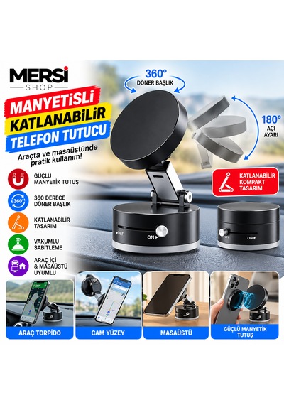 Mıknatıslı Katlanabilir Telefon Tutucu 360 Derece Döner Başlıklı Vakumlu Araç Torpido Cam Tutacağı Akrilik Siyah