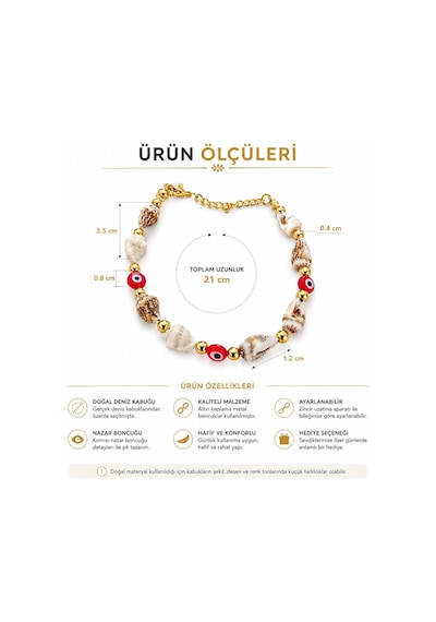 Doğal Deniz Kabuğu Nazar Boncuklu Kadın Halhal Ayarlanabilir Gold Zincir Detaylı 21 Cm Laci