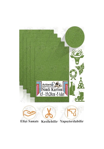 Simli Karton A5 15x20 Cm 5 Li 1 Paket Simli Fon Kartonu Parıltılı Kağıt Anasınıfı Kreş Etkinlik Proje Dekoratif Yeşil