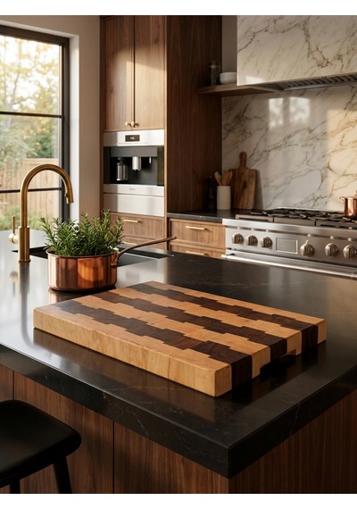 Nfzz Ceviz Ladin End Grain Kesme Tahtası 41x26x4 Cm Masif Ahşap Kasap Bloku Kahverengi - Krem
