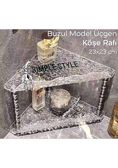 Kırık Cam Desenli Şeffaf 2 Katlı Köşe Rafı Dekoratif Model 23x23 Cm