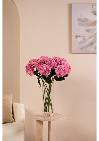 Pembe Yapay Ortanca Çiçeği Tek Dal Premium Canlı Islak Dokulu 68 Cm