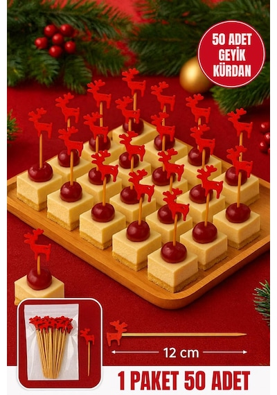 Yılbaşı Geyiği Kürdan 12 Cm 50 Li Paket Tatlı, Kanepe, Pasta Süsleme Yılbaşı Parti Kürdanı