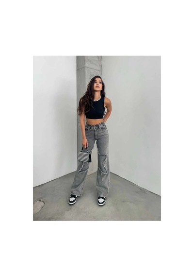 Kene Jeans Yüksek Bel Bacak Yıldızlı Bol Paça Jeans Kar Siyah