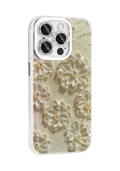 Apple Uyumlu iPhone 15 Pro Max Kılıf Çiçek Desenli Parlak Taşlı Sert Silikon Garden Kapak Beyaz Beyaz
