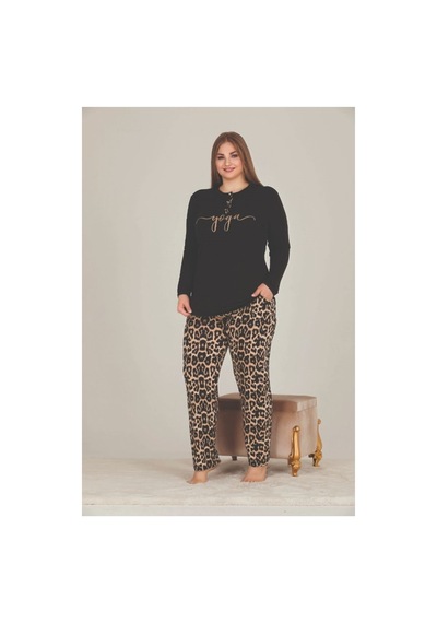 Eyfuze Kadın Siyah Büyük Beden Leopar Desenli Yakası Düğmeli Uzun Kollu Pijama Takımı Siyah Eyfuze Kadın Siyah Büyük Beden Leopar Desenli Yakası Düğmeli Uzun Kollu Pijama Takımı Siyah