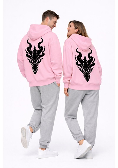 Unisex Ejderha Baskılı Beyaz Sevgili Kombini Oversize Hoodie Seti Pembe