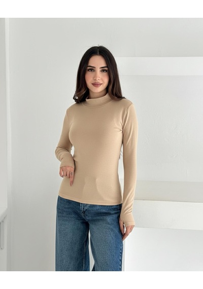 Kadın Yarım Balıkçı Yaka Parmak Geçmeli Full Likralı Buzz Body Krem