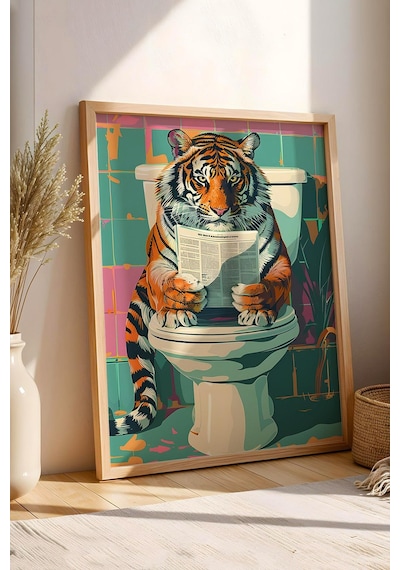 Tuvalette Gazete Okuyan Kaplan Çerçeveli Tablo - Pop Art Poster Tablo