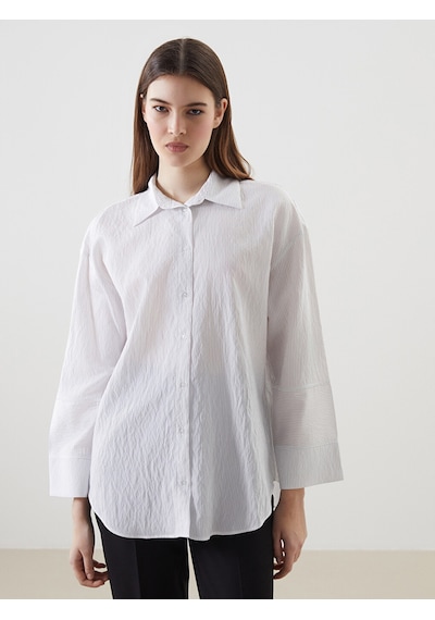 Lcw Modest Ekru Çizgili Oversize Kadın Gömlek Tunik