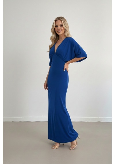 Defymoda Kadın Uzun Yırtmaçlı Modern Kesim Elbise Mavi
