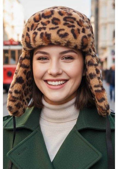 Uniquetrenders Kadın Leopar Desenli Peluş Kalpak Pilot Şapka Leopar