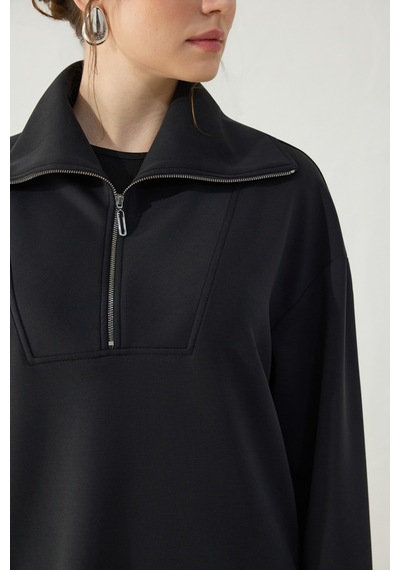 Aker Siyah Yakası Ve Yan Yırtmaçları Fermuarlı Modal Sweatshirt Siyah Siyah