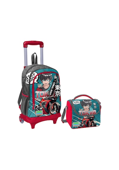 Coral High Gri Nefti Anime Motorsiklet Işıklı Tekerlekli Okul Çantası Ve Beslenme Seti - Erkek Çocuk