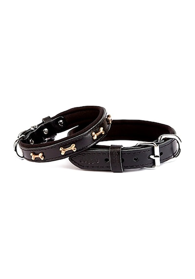 El Yapımı Kemik Süslü Deri Köpek Boyun Tasması 2.5x37-45 CM -Black