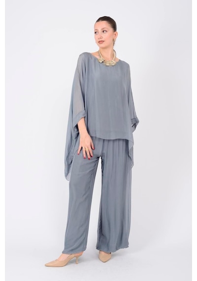 Bohem Stil İtalyan Yarasa Kol İpek Bluz & Pantolon Takım-8767 Koyu Gri Bohem Stil İtalyan Yarasa Kol İpek Bluz & Pantolon Takım-8767 Koyu Gri