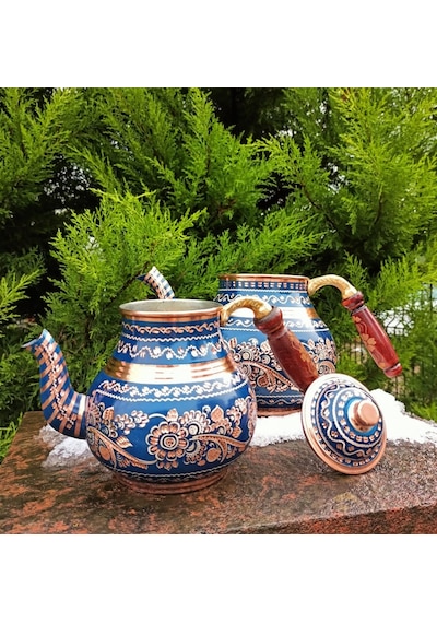 Lacivert Seramik Boya Kaplama Gül Çiçek Bakır Çaydanlık