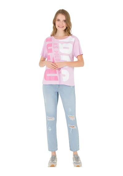 Bisiklet Yaka Baskılı Kadın T-shirt Manolya Bisiklet Yaka Baskılı Kadın T-shirt Manolya