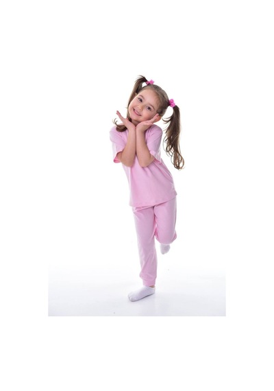 %100 Pamuk Penye Kumaş Düğmeli Sade Terletmeyen Kız Çocuk Yazlık Pijama Takımı Pembe
