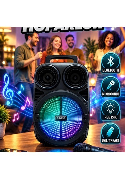 6.5 İnç Taşınabilir Karaoke Hoparlör Bluetooth, Mikrofon, Rgb Işık, Usb Ve Tf Kart Destekli